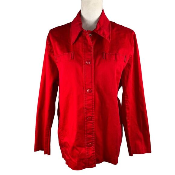 Terry Lewis Red Shirt Jacket Shacket Large Snap Front Stretch Christmas Holiday - Picture 1 of 10